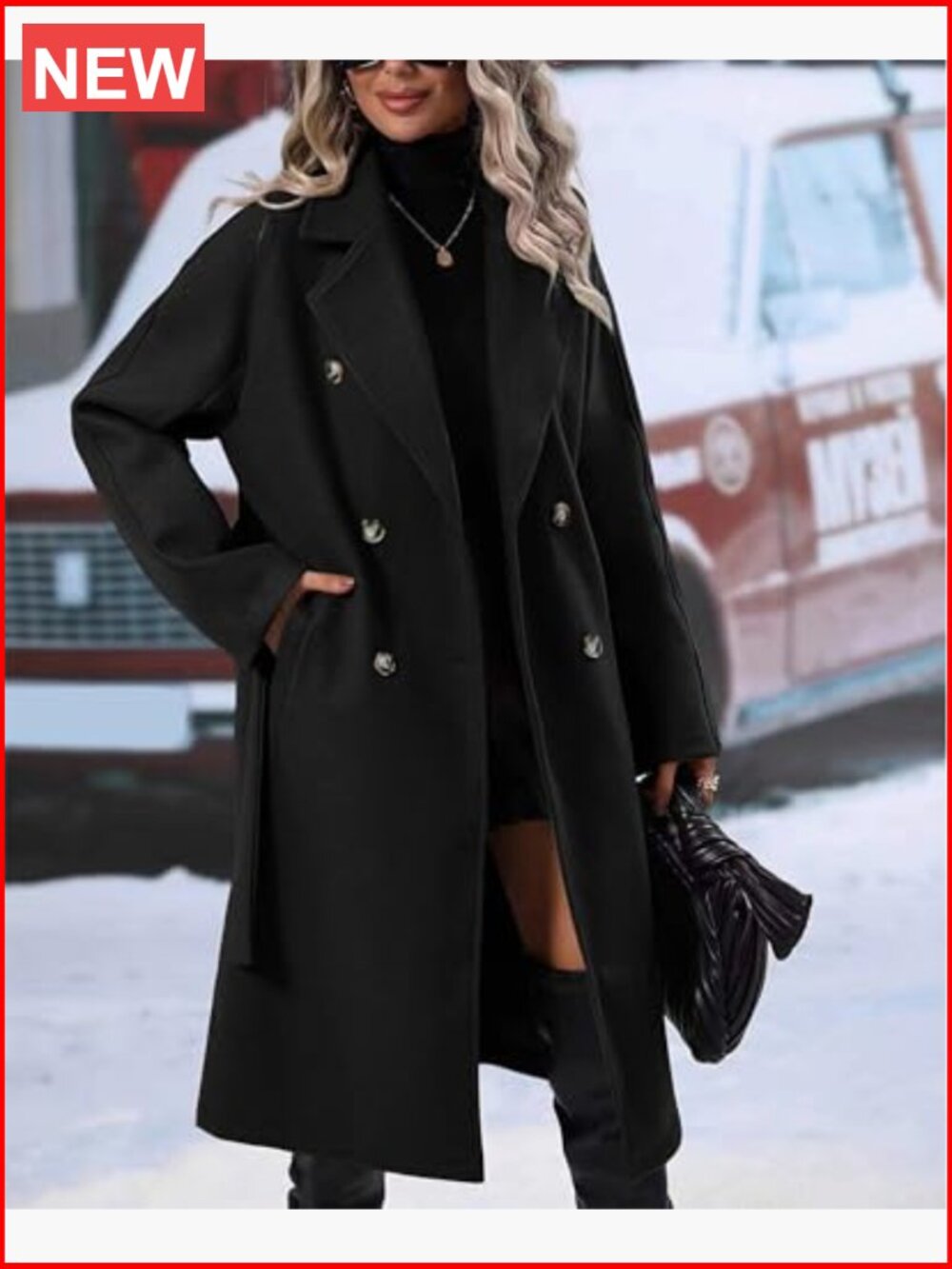 Wool Blend Double Breasted Notch Lapel Long Pea Coat - Picture 2 of 6